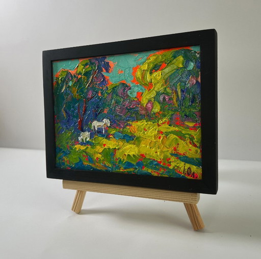 Original Oil Painting Summer Nature Landscape White Horses in the Forest – schilderijen tekeningen, Canvas (photo 2 of 8)