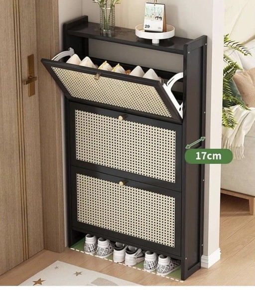 Black rattan shoe cabinet