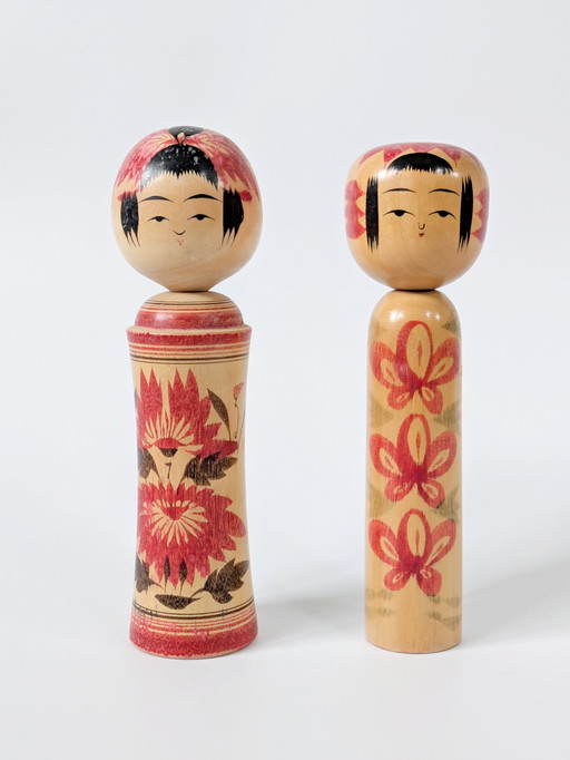 Set of 2 Vintage Naruko Kokeshi Dolls, Traditional Japanese Wooden Figurines, Hand-Painted, Collectible Folk Art