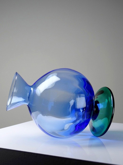 Petit vase globe à pied cristal vintage bicolore bleu et vert