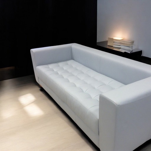Licht blauw leren kubist bank met gecapitoneerde vaste matraszitting 230 cm raza