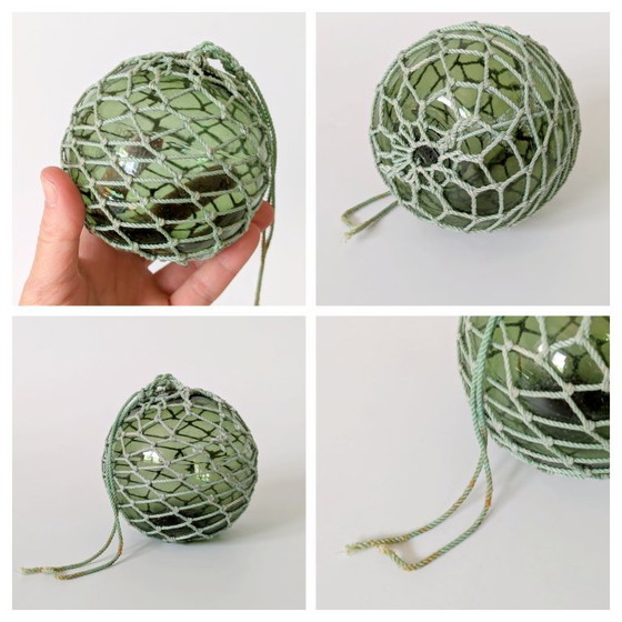 Image 1 of Satz von 3 antiken französischen Fischschwimmern, grünes Glas mit Netz