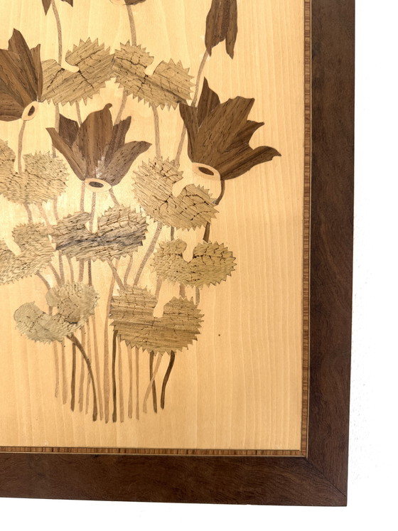 Image 1 of Vintage houten handwerk schilderij met klaprozen ‘60