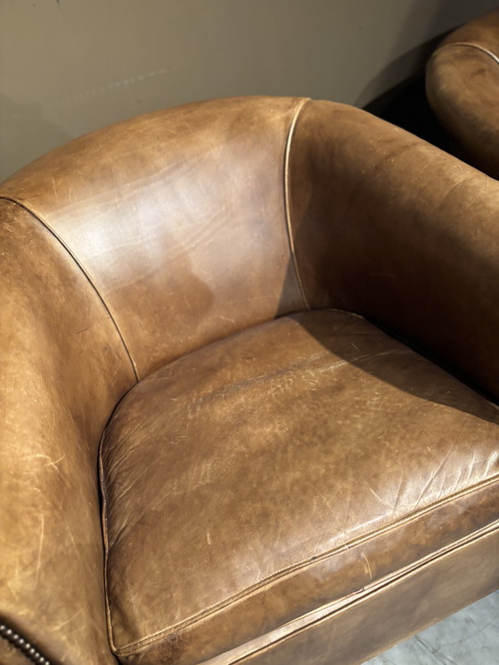 Image 1 of Cognac Bruine Runderleren Clubfauteuils-Vintage