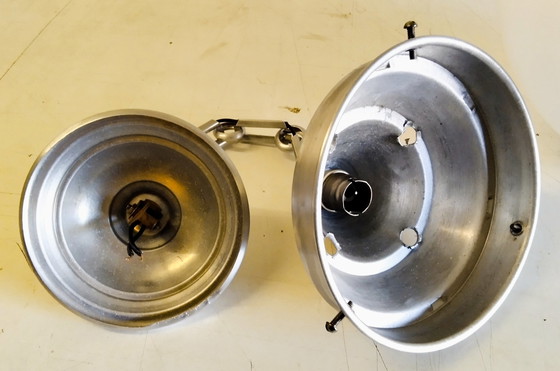 Image 1 of XXL opal glass globe industrial pendant light - 1940s/50s