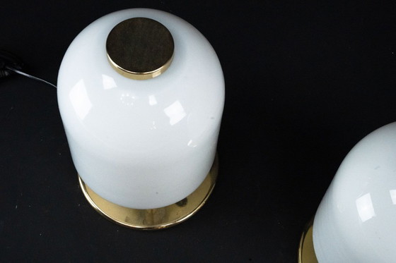 Image 1 of Pair of 1980s Italian Murano Lattimo Glass Mushroom Bedside Lamps