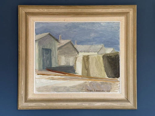 Pintura al óleo vintage (1954) 'Casas de playa' de la pintora sueca Inga Larsson