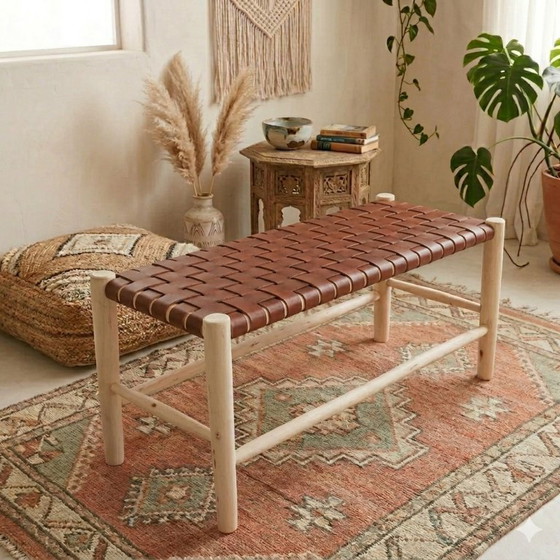Image 1 of Banc bohème en bois – Banc d'appoint artisanal en bois massif pour la décoration du salon, de l'entrée et de la chambre
