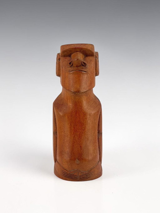 Scultura Moai vintage intagliata a mano – legno massello, design metà secolo/tiki