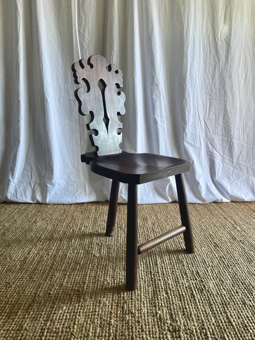 Vintage Brutalist Carved Tripod Stool