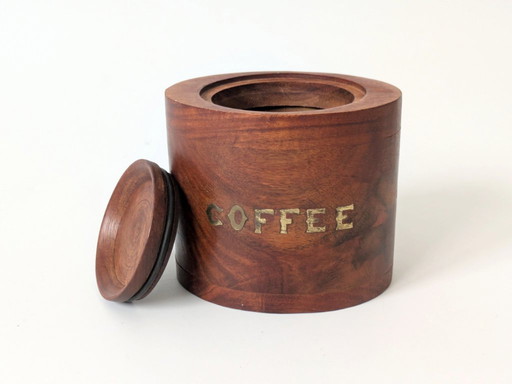 Midcentury Teak Coffee Canister with Brass Inlay Letters, Danish Modern Wooden Storage Jar