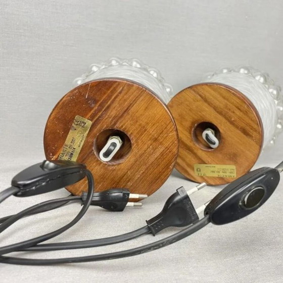 Portuguese Mid Century Wood And Frosted Glass Wooden Table Lamps, Set Of 2 (photo 11 of 11)