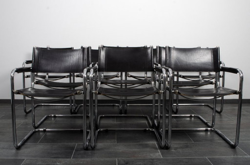 Set di 8 sedie con struttura tubolare in cuoio nero Matteo Grassi MG5
