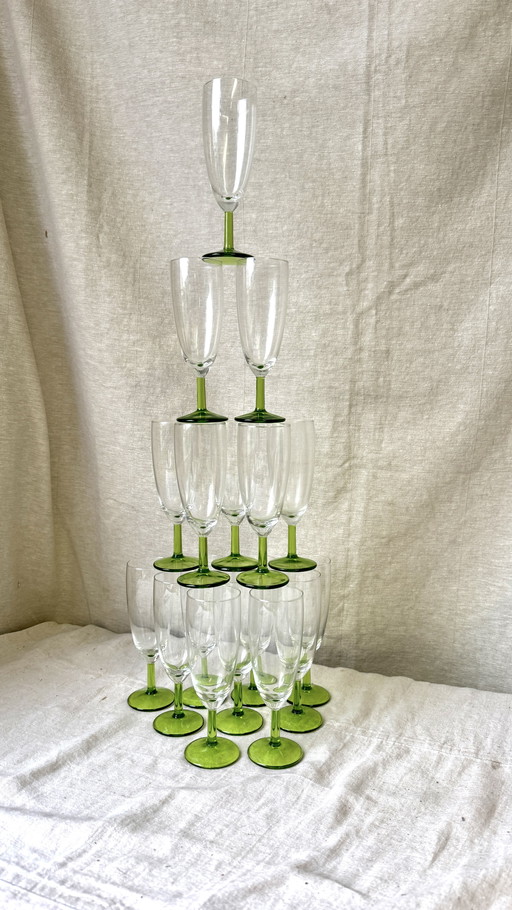 8X Verre à Champagne Vintage avec pied vert