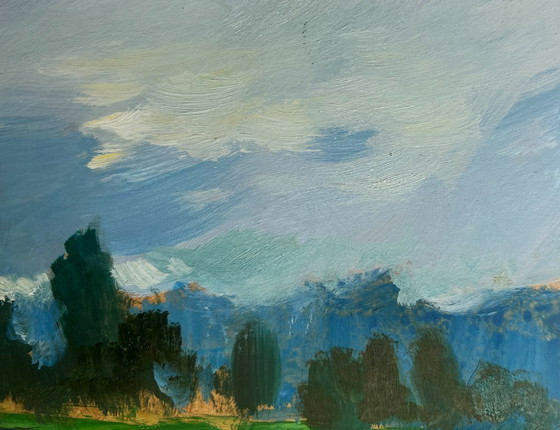 Image 1 of Peinture à l'huile originale représentant un paysage lacustre côtier. Temps chaud idéal pour la pêche.