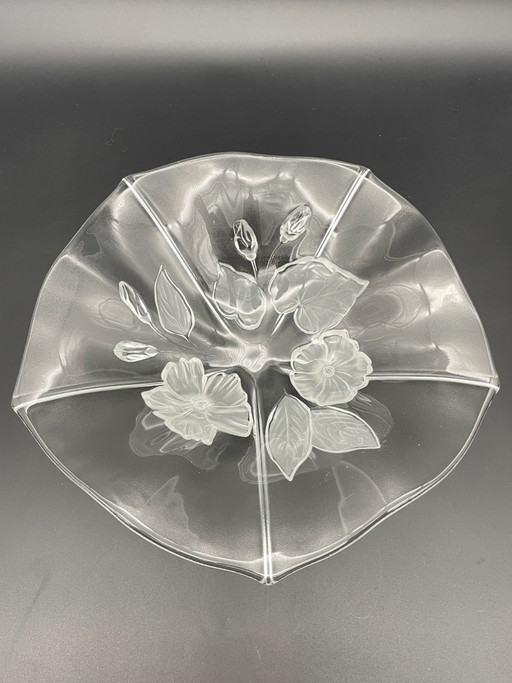 Walther Glas Evita – Große Vintage Glasschale mit Blumenrelief, 33 cm