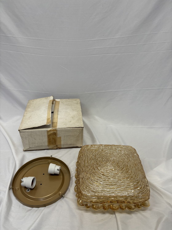 Image 1 of Lampe de plafond ou applique murale vintage Glashütte Limburg en verre ambré