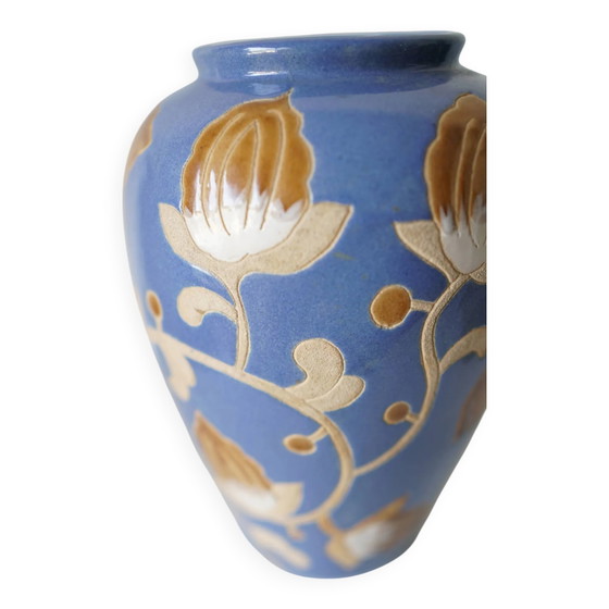 Glazed stoneware vase – floral decoration in relief – Keramis style – 1970s – Porcelain, Art Deco (photo 2 of 9)
