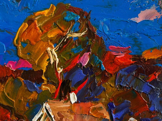 Image 1 of Original Oil Painting Evening Houses Landscape Autumn has come to the village