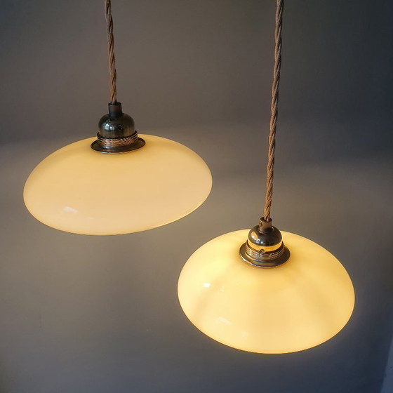 Image 1 of Vintage French pendant lamp set - of pastel yellow opaline glass.