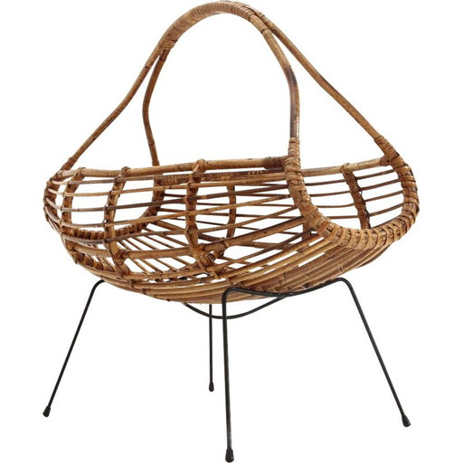 Vintage magazine rack in rattan, Italy 1950