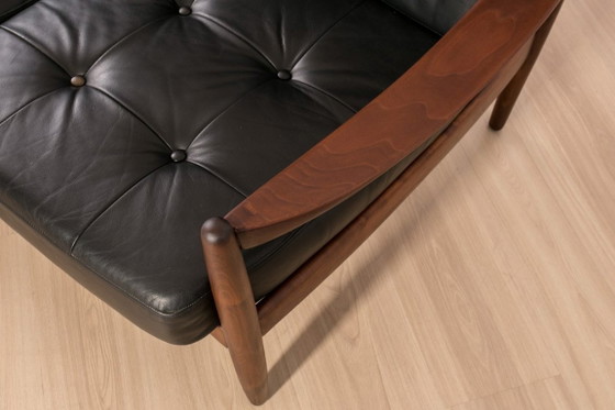 Image 1 of Divano scandinavo a 3 posti in legno e pelle nera, anni '60