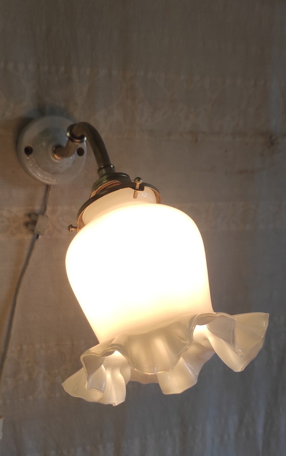 Image 1 of Wandlamp met zwanenhals van messing, porselein en opaalglas - midden 20e eeuw