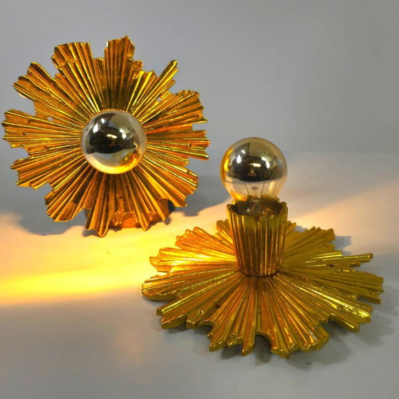 Image 1 of Set di due bellissime lampade solari placcate in oro degli anni '40/'50, lampade da parete di metà secolo