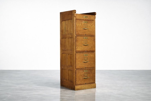 Mobiletto portadocumenti vintage industriale in rovere inglese con cassetti, anni '20