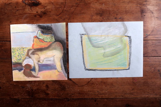 Image 1 of Paire de dessins figuratifs vintage au fusain et au pastel des années 1970, études de nus – 2C50