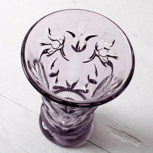 Rare Art Mid-century Glass Smokey Purple Cut Glass Vase / Eda Glasbruk / Sweden / 1930s