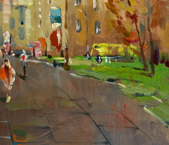 Image 1 of Origineel olieverfschilderij: Herfststadslandschap, gouden herfst in het park