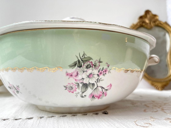 Vintage 1950s L'Amandinoise Frankrijk Astrid Model Bloemen Wit en Groen Porseleinen Soepterrine – Servies (photo 4 of 11)