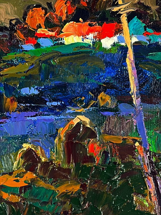 Image 1 of Peinture à l'huile originale, paysage rural, rivière, givre du soir dans les champs