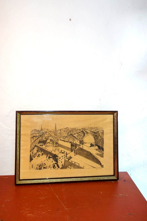 Image 1 of large 1943 signed drawing of pyrenees observatory * framed architectural mountain art * vintage wall decor