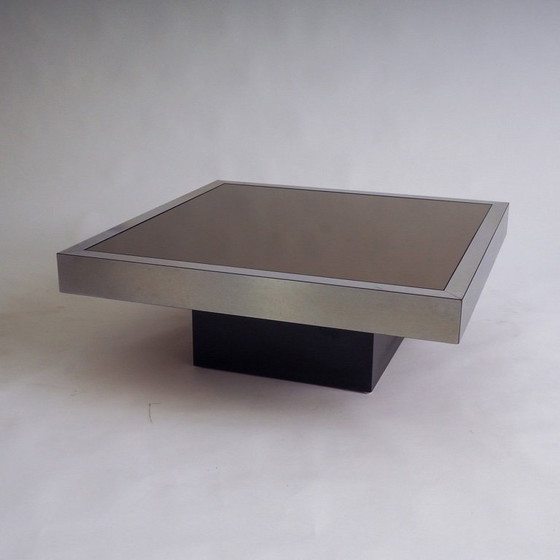 Image 1 of Tavolino in acciaio inox con piano in vetro marrone