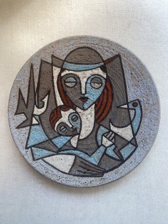 Image 1 of Vintage Ambacht Haalderen Keramiek Wandbord – Moeder en Kind (26 cm)