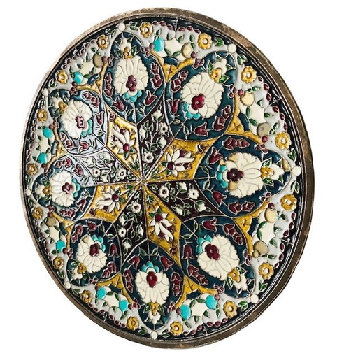 Assiette décorative vintage en laiton cloisonné mandala années 1970