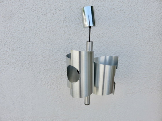 Image 1 of UFO-Hängeleuchte im Weltraumzeitalter-Stil, Rockabilly-Stil, gebürsteter Stahl, 1970
