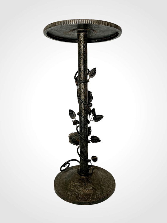 Image 1 of French Gueridon Wrought Iron Side Table - Vintage Embossed Metal Top Floral Plant Stand