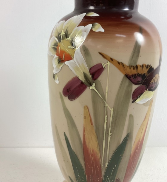 Image 1 of Art nouveau glaze opaline handbeschilderde vaas