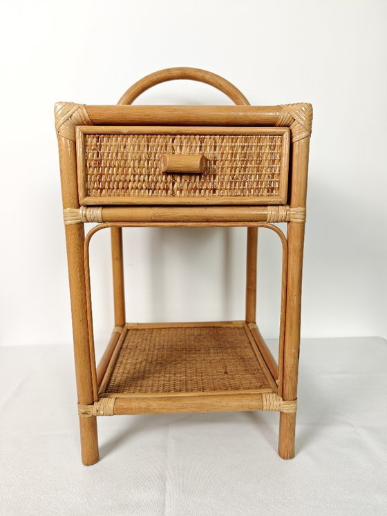 Image 1 of Vintage Rattan Bedside Table / 1970s Bamboo Nightstand / Boho Side Table with Drawer / Wicker Furniture / Coastal Bohemian Decor
