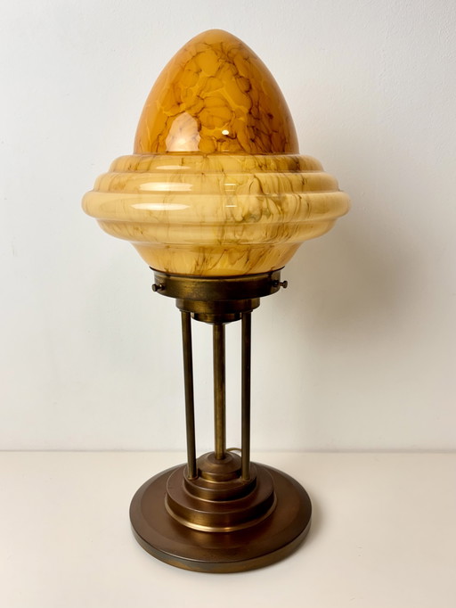 Art Deco Bronze Table Lamp With Marble Look Shade