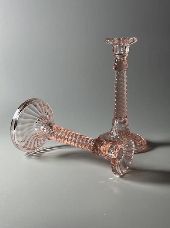 Image 1 of Pair of Art Deco Pink Glass Candlesticks — Pavillons, Belgium, 1920–30s
