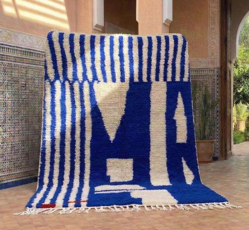 Tapis Beni Ouaraine Fait Main Bleu Sur Mesure 200/300 Cm – Aime Té, vloerkleden en tapijten, Wool