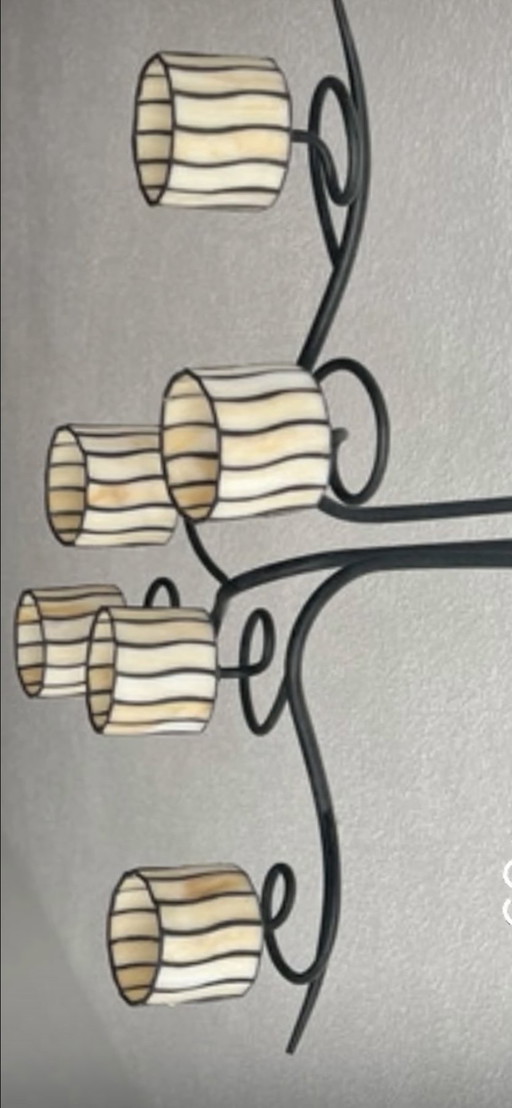 Schwarze Deckenlampe aus Gusseisen und 6 Muranoglasschirme