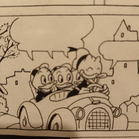 Original Dutch Donald Duck drawing in frame, Art, Glass, Metal, Black (photo 2 of 6)