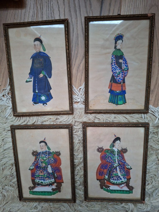 4 beautiful antique paintings rice paper, Canton, 1840
