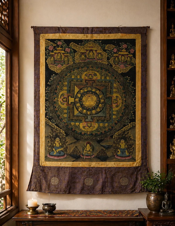 Mandala Thangka tibetano antico - Dipinto a mano con sigillo di cera - 90cm – Dipinti e disegni, Cotton (photo 2 of 9)