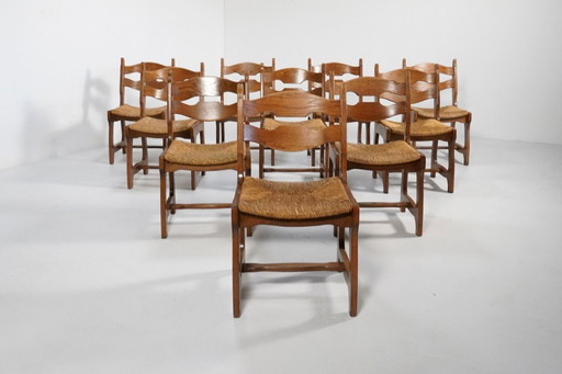 Set di 10 sedie brutaliste "Razor" in rovere con seduta in giunco, Paesi Bassi, anni '70